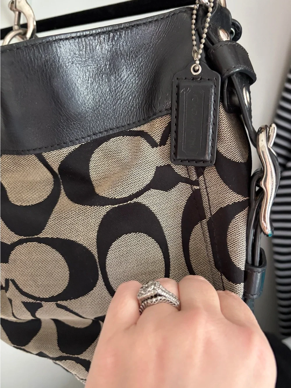 Coach Large Signature Canvas & Black Leather Hobo